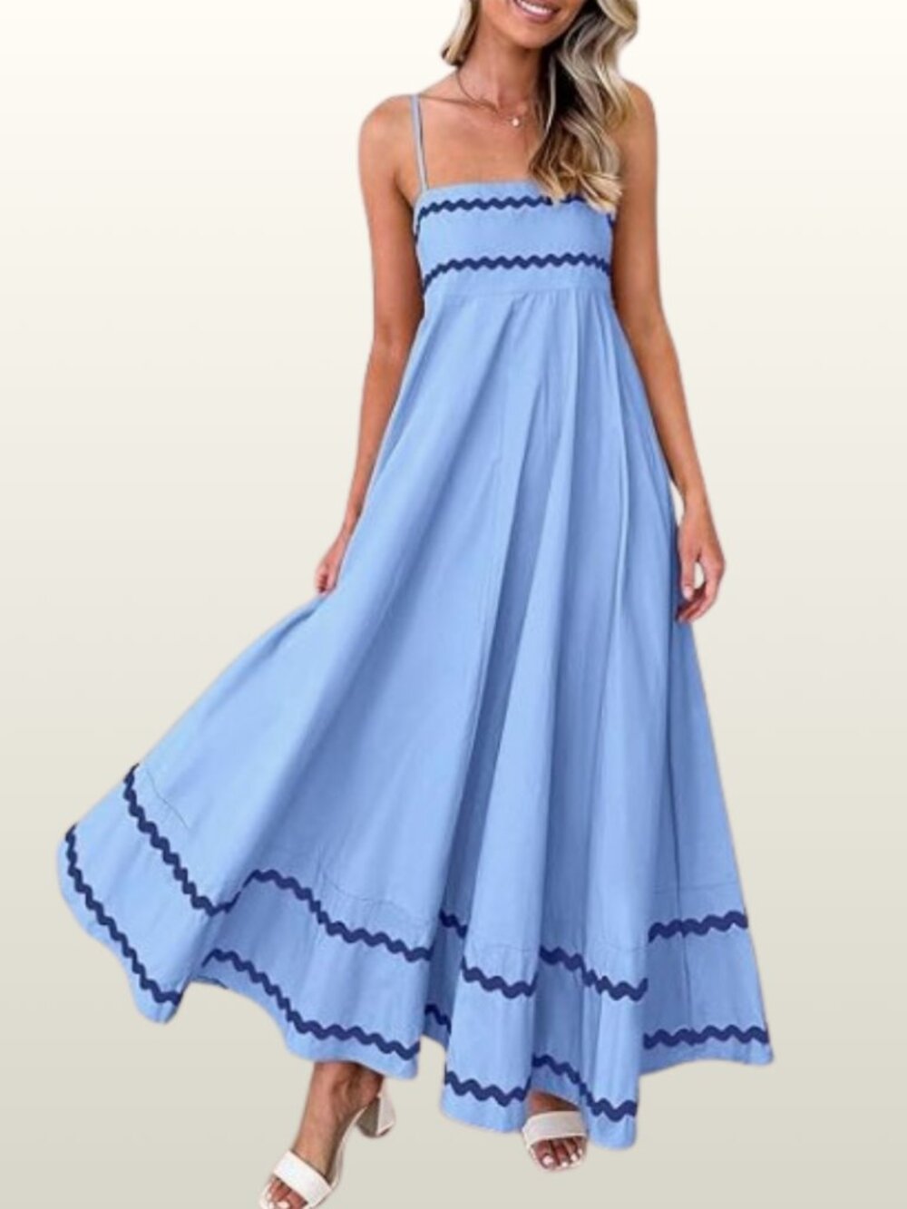 Blue Ric Rac Trim Maxi Dress Smocked Back A-Line XL PrettyGarden NWOT Resortwear